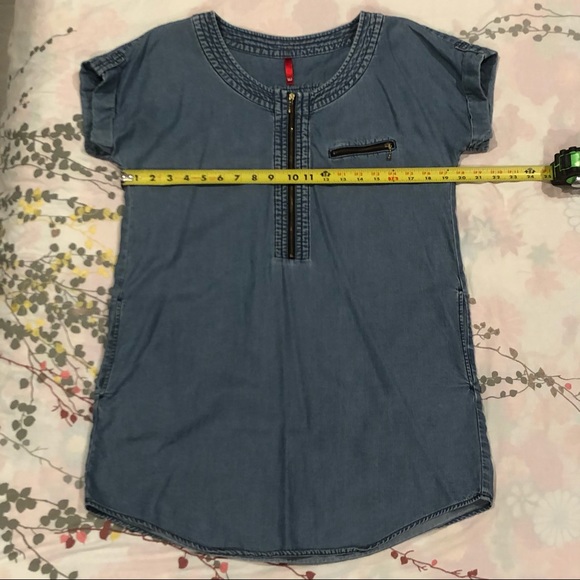 Chambray Zip Drop Shoulder Shirt Dress Pockets - Picture 8 of 13